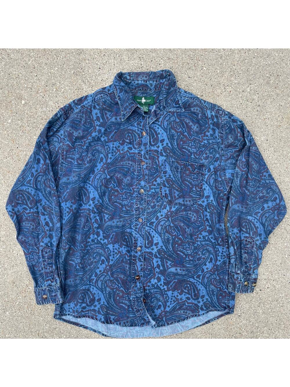 Vintage 90s Hunt Club Paisley Denim Shirt Button Up Cropped Boxy Mens M